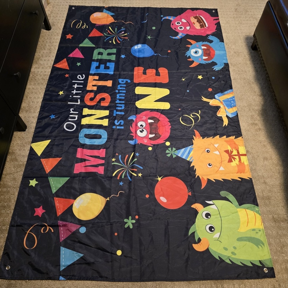 Our Little Monster Is TurningOne Baby/Toddler BirthdayBanner 70" X 43"